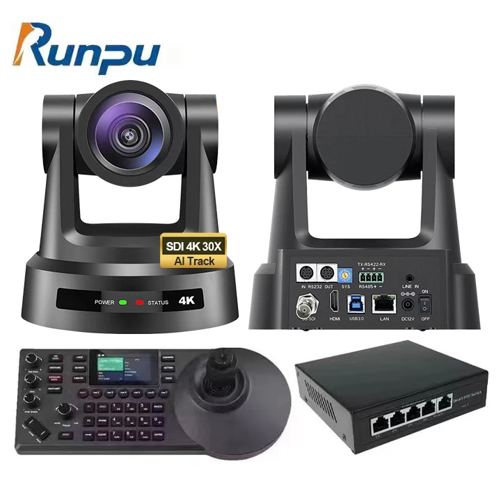 USD1198 Free Ship Broadcast Kit HK690-30=2 pcs SDI 4K 30X Optical Zoom PTZ Conference Camera AI track+a ip controller+poe switch