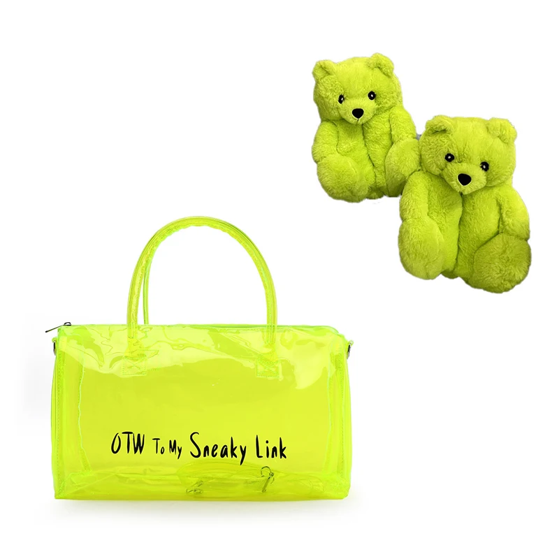 Hot Overnight Bag And Teddy Bear Slippers Set Selling Travel Custom Clear Pvc Spend The Night Bag Pink Gym Duffle Sports Bag