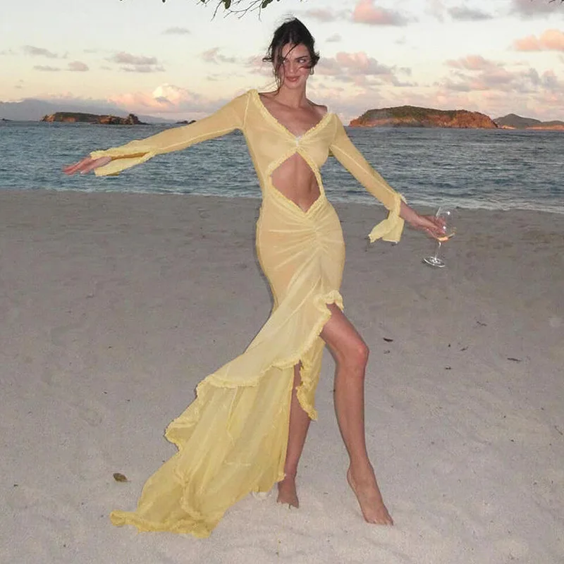 Summer Long Sleeves Mesh See Through Dresses Women Sexy V Collar Hollow Out Structuring Maxi Hem Beach Summer Dress for Women