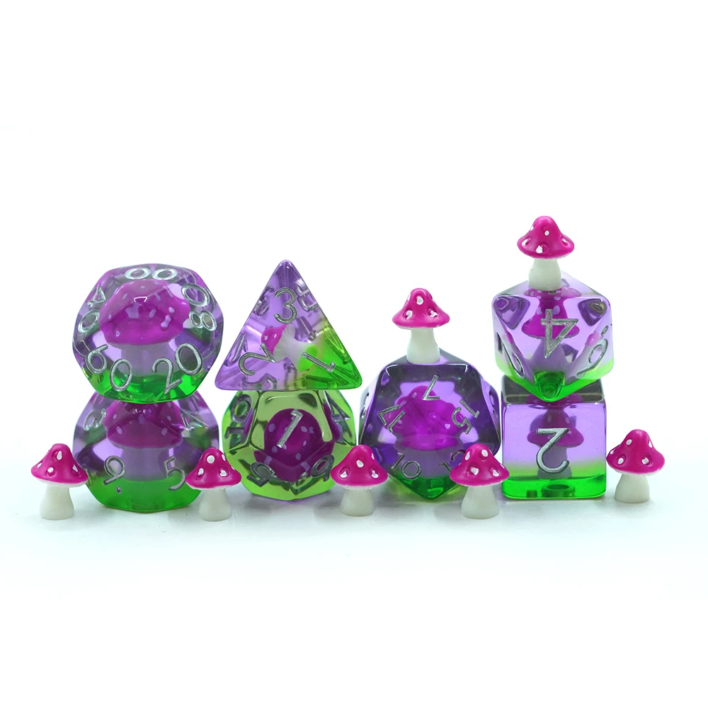 Yushun Novelty Pink Resin Polyhedral Dnd Game Dice Set 16Mm Mushroom Rpg Dice Set Of 7