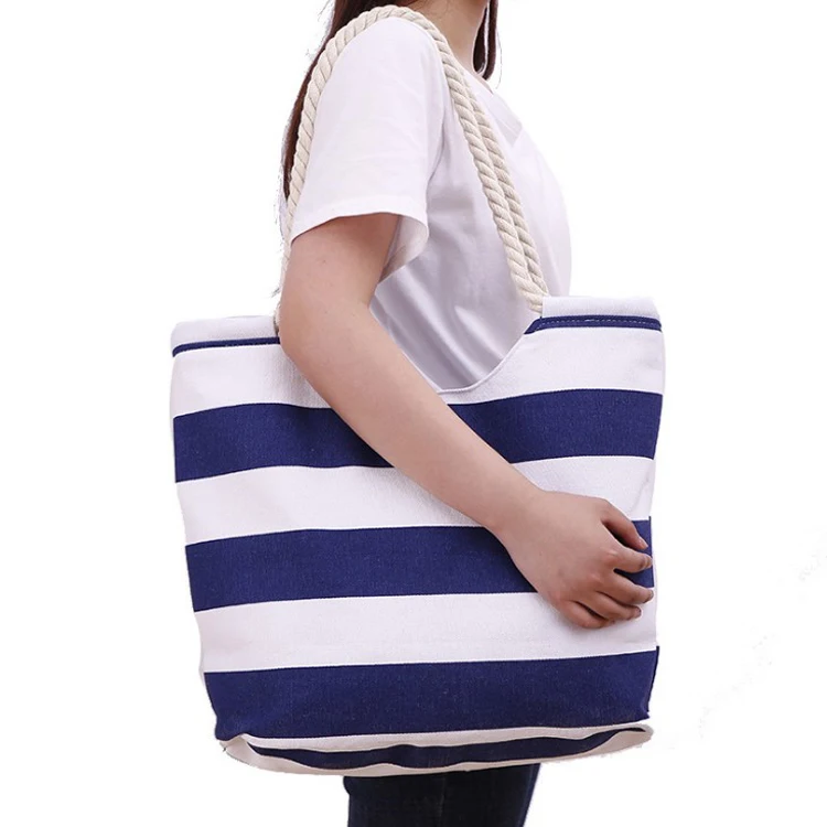 Хлопковая парусиновая пляжная сумка в полоску с ремнями многоцветная Повседневная Сумка-тоут богемном стиле легко носить собой из полиэстера унисекс на молнии