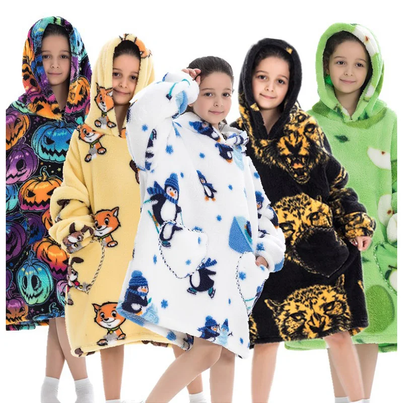 2024 New Kids Lovely Comfy Fleece Pullover Blanket Print Pink Soft Fluffy Baby Hoodie Blanket