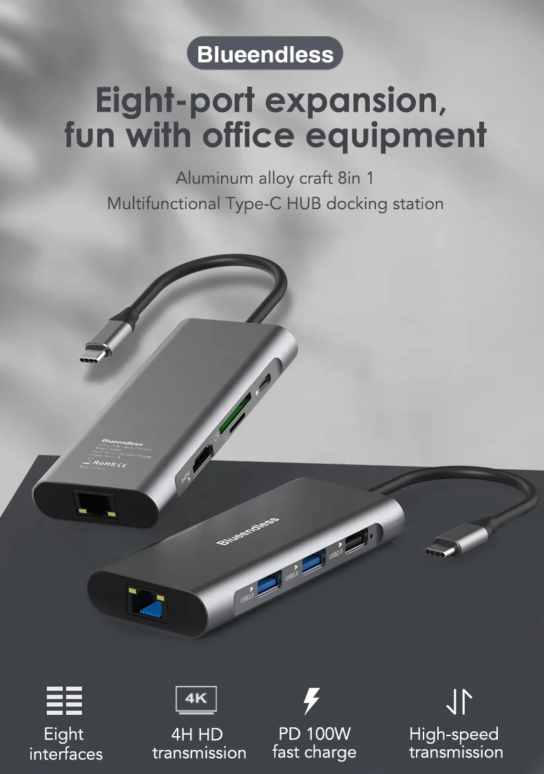 8 In 1 USB C Adpater 4K 30Hz Hdtv usb3.0 tf sd card reapder PD 100W RJ45 10/100 Mbps Ethernet adapter usb c hub 8 in 1