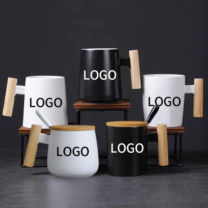 Wholesale Nodice Hot Sell Promotional Gift Porcelain Tea Cup Custom Logo Printed Ceramic Coffee Mug With Wooden Lid And Handle