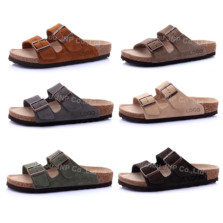 Custom Solid Cork Women Sandals Men Comfortable Sliders Cork Sole Two Buckle Straps Beach Birken Slippers