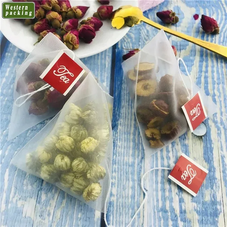 Custom small mesh roll drawstring pyramid nylon tea bag with tag