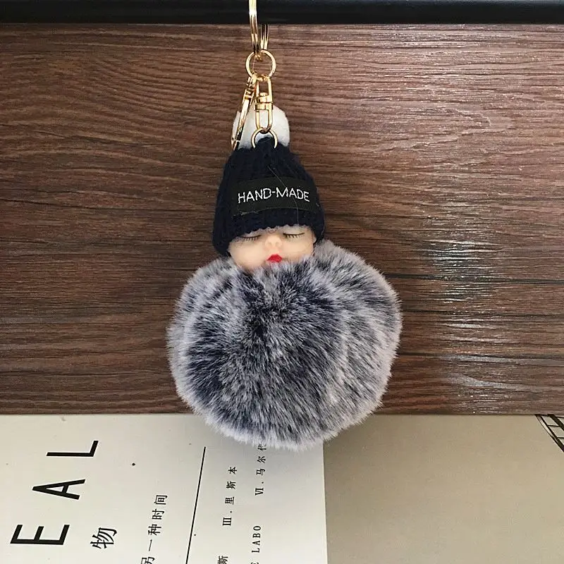 Cute Cartoon Sleeping Doll Keychain Fur Ball Plush KeyChain Keyring Women Handbag Car Key Holder Bag Pendant Toys for Kids Gift