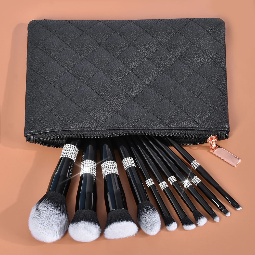 DailyQueen luxury 10pcs black bling private label glitter makeup brushes set holder with Rose Golden pink diamond custom logo