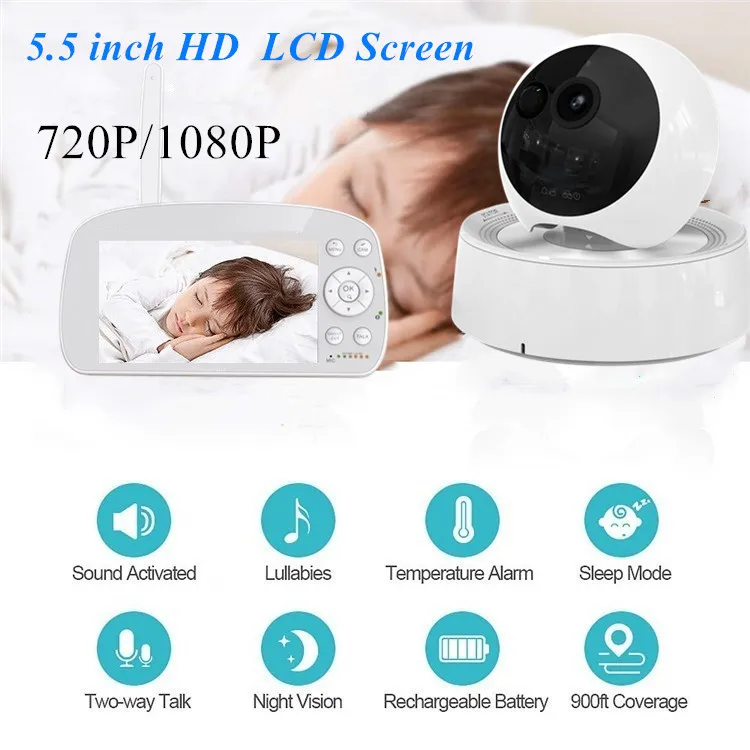 
Factory Superior Quality OEM 5.5 inch HD 720P 1080P Two Way Audio Feeding Reminder Sound Detection Video Baby Monitor with Audio 
