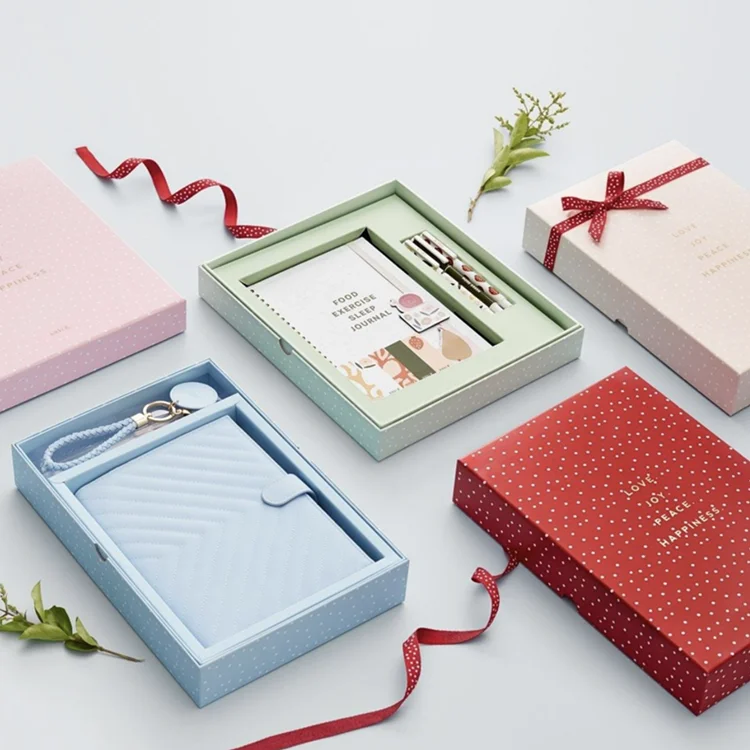 Elegant custom logo school office notebook stationery packaging luxury gift box with ribbon