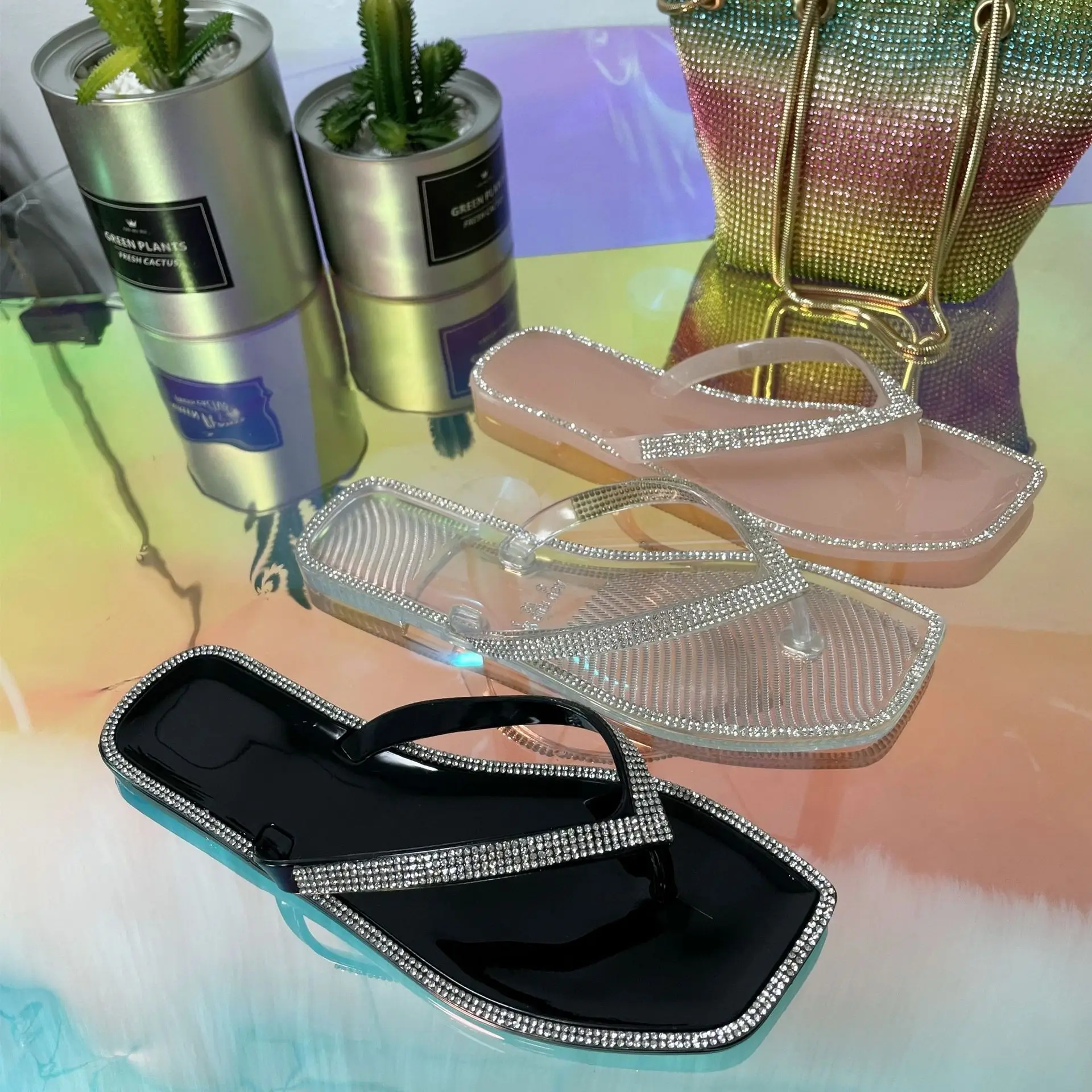 Jelly slippers Square head water drill slippers sandals flip flops women summer flat crystal jelly slippers for women
