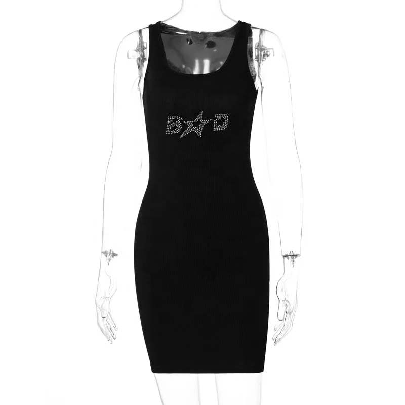 Custom Wholesale High quality Hot sale Ribbed Knitting Cotton Women black Rhinestone Tank Top Sexy Dress