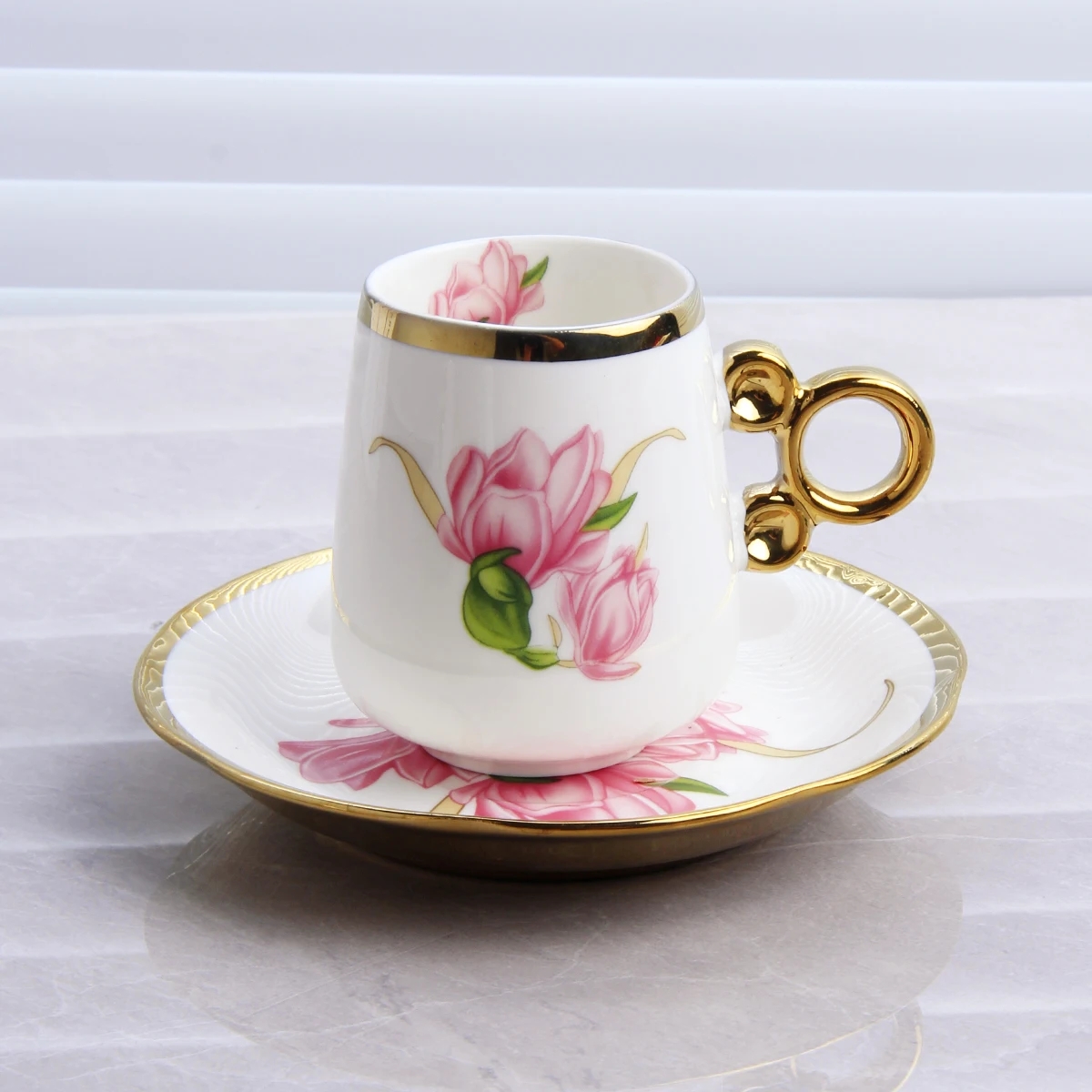 6 Cups Saucers Set European Afternoon Tea Cup Gold Circle Handmade Ceramic Coffee and Saucer