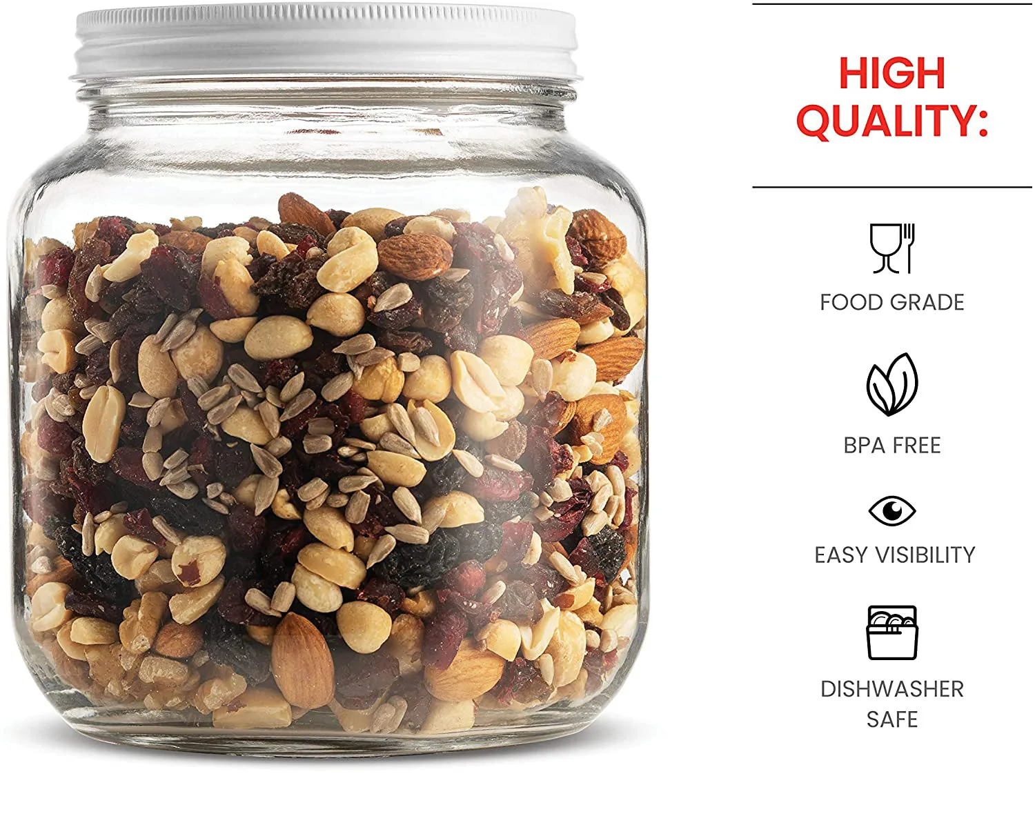 64oz Dishwasher Safe Canning Jar Metal Airtight Lid Wide Mouth Half Gallon Glass Mason Jar