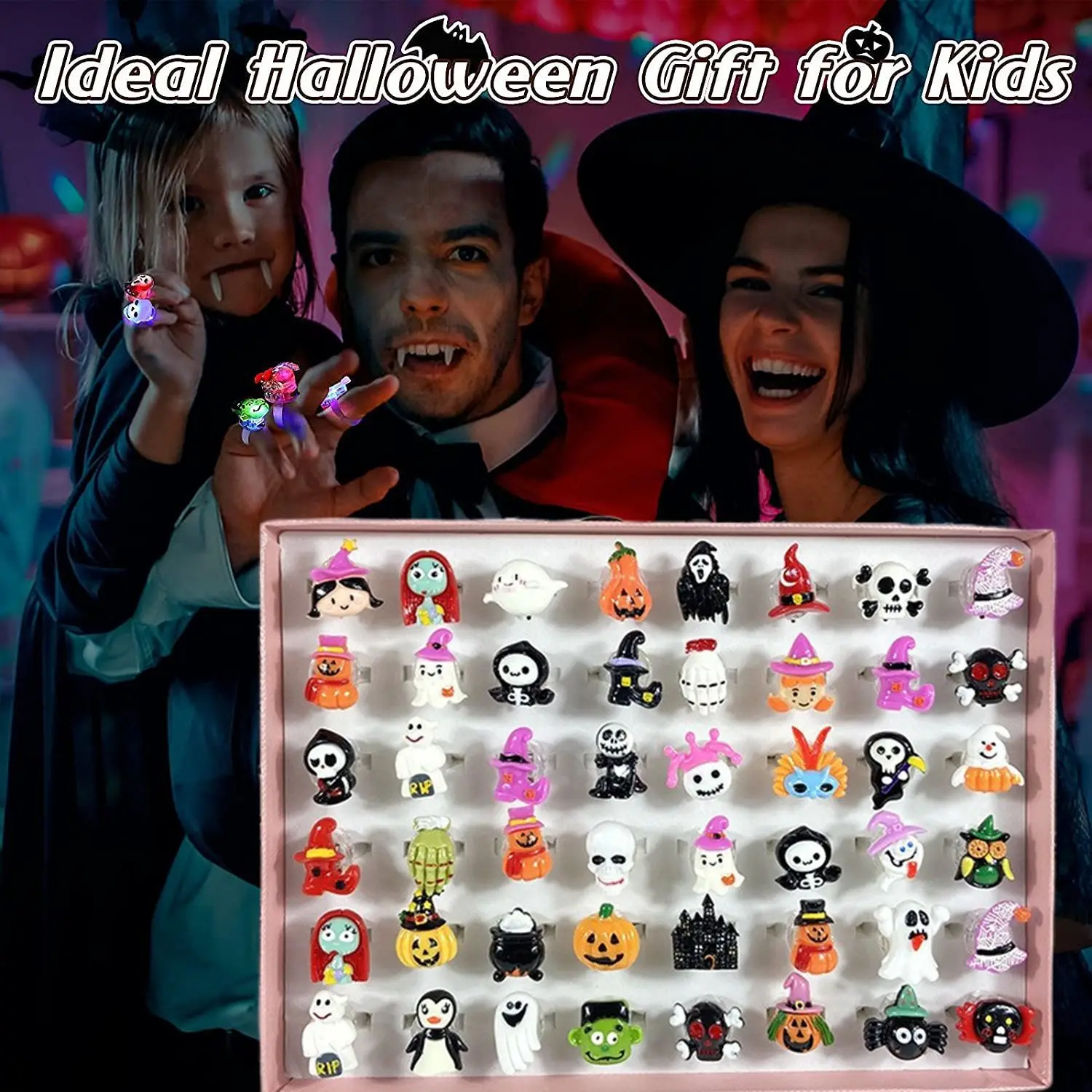 50pcs/Box Festival Halloween Lights Pumpkin Ghost Bat Grim Reaper Candy Open Adjustable Finger Ring Party Halloween Gifts