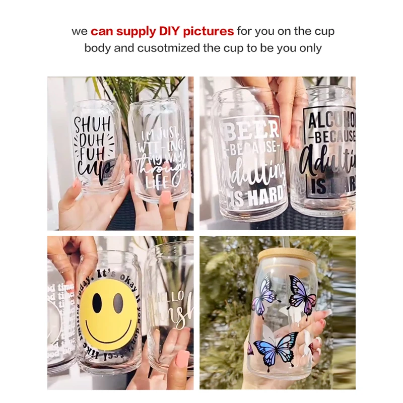 Custom 16oz Borosilicate Glassware Tumbler Cups Mugs Dinking Glasses Beer  cola Can glasses with Bamboo Lid and glass straw