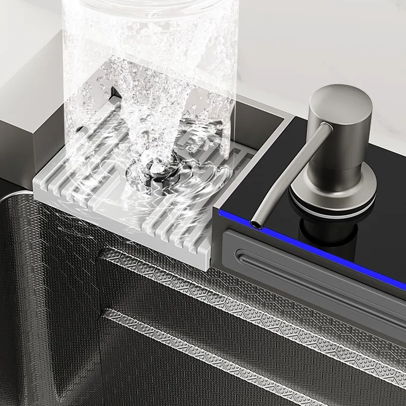 Modern Multifunction Rectangular Stainless Steel Single Bowl Waterfall Rainfall Digital Display Piano Key Kitchen Sink