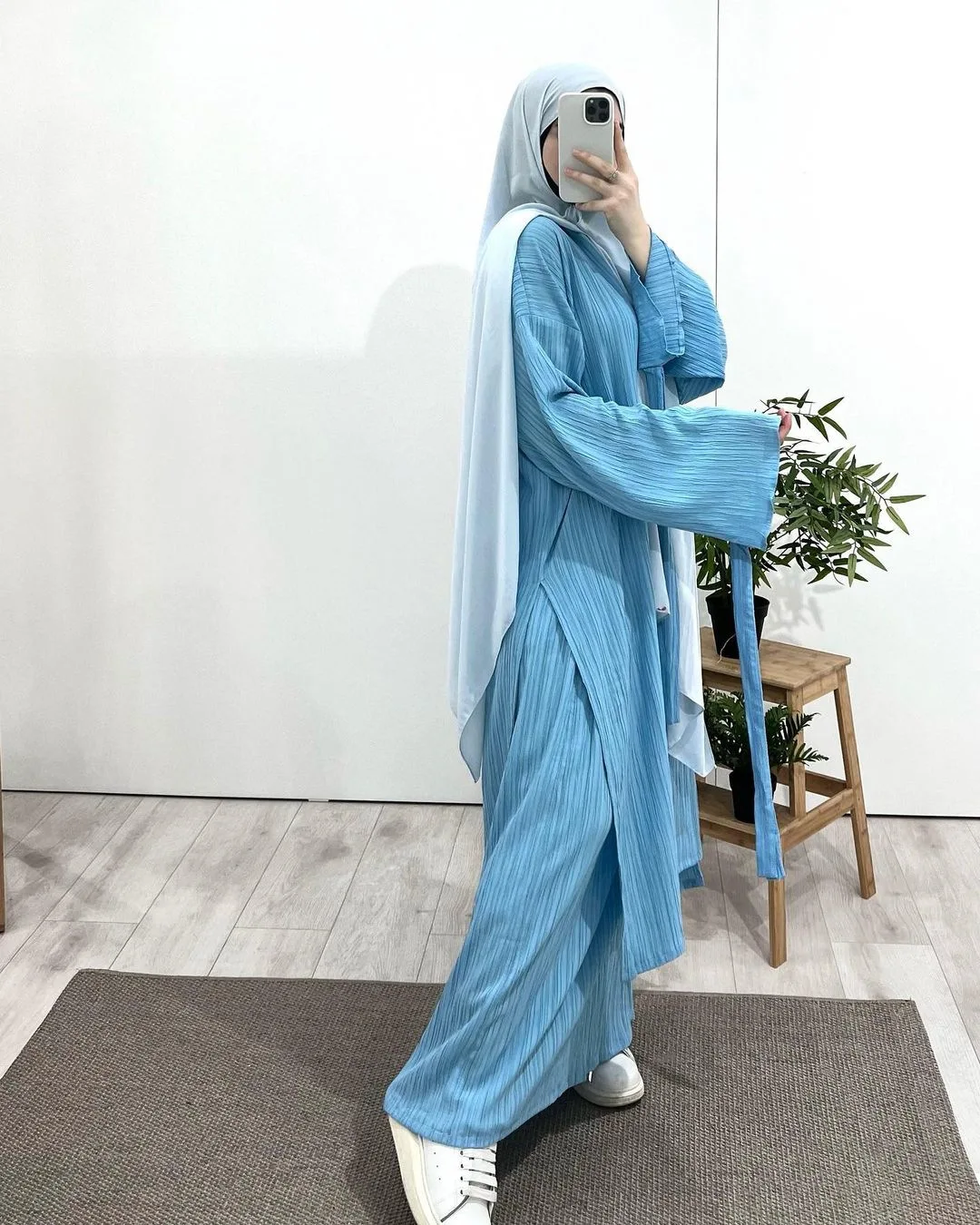 2 Piece Pleated Stripe Set Islamic Clothing Women Modest Abaya Loose Split Side Tunics Oversize Skirts Baju Kurung