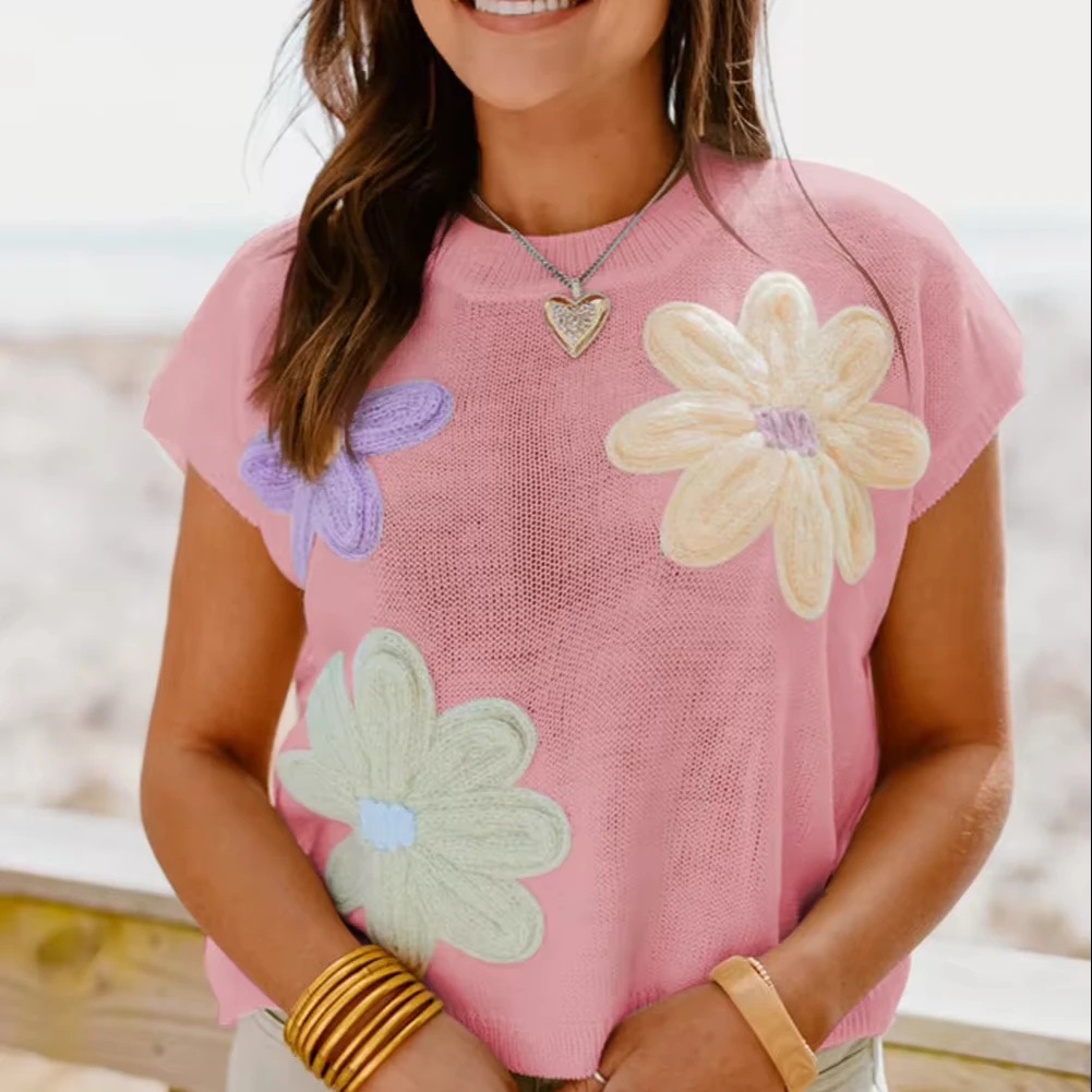2024 Wholesale Casual Ladies T-Shirts Short Sleeve White Pink green Multi Crochet Flower Knit Short Sleeve Sweater Tops