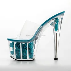 about 7 inch transparent heel slide sandals sexy Rose Crystal Love 17 cm super high heels platform high heels nightclub