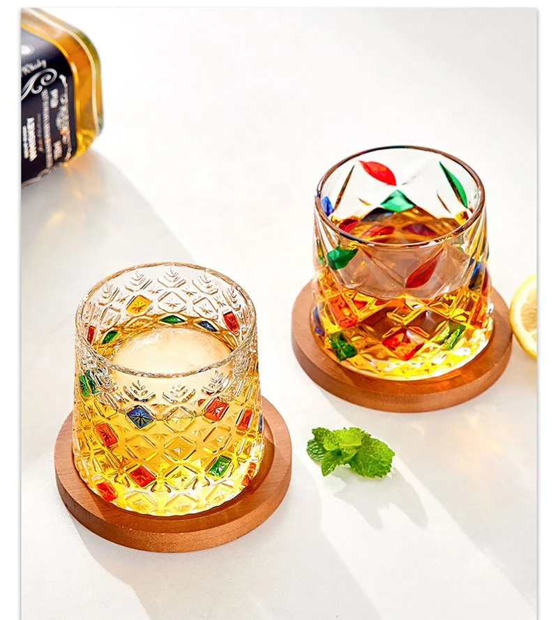 Colorful hand painted creative rotating glass beer mug transparent for premium bar drinking glass with wooden base and color box