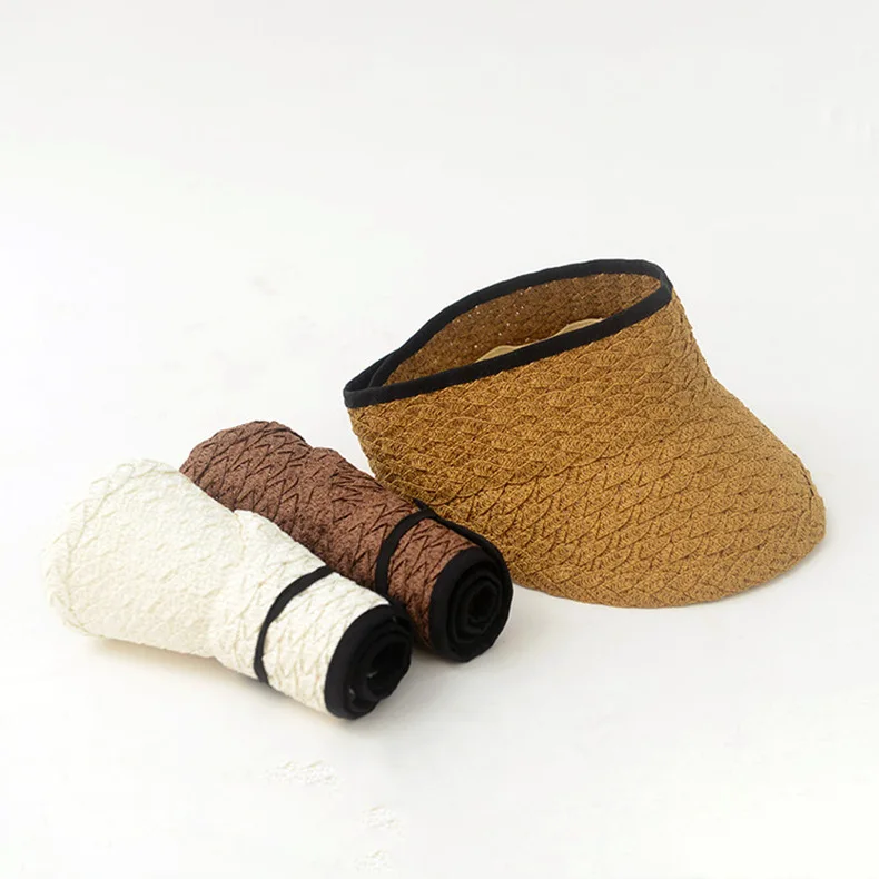 Straw Visor Hat Womens Summer Sun Straw Visor Hat Fold able Roll Up Wide Big Brim Open Top Cap