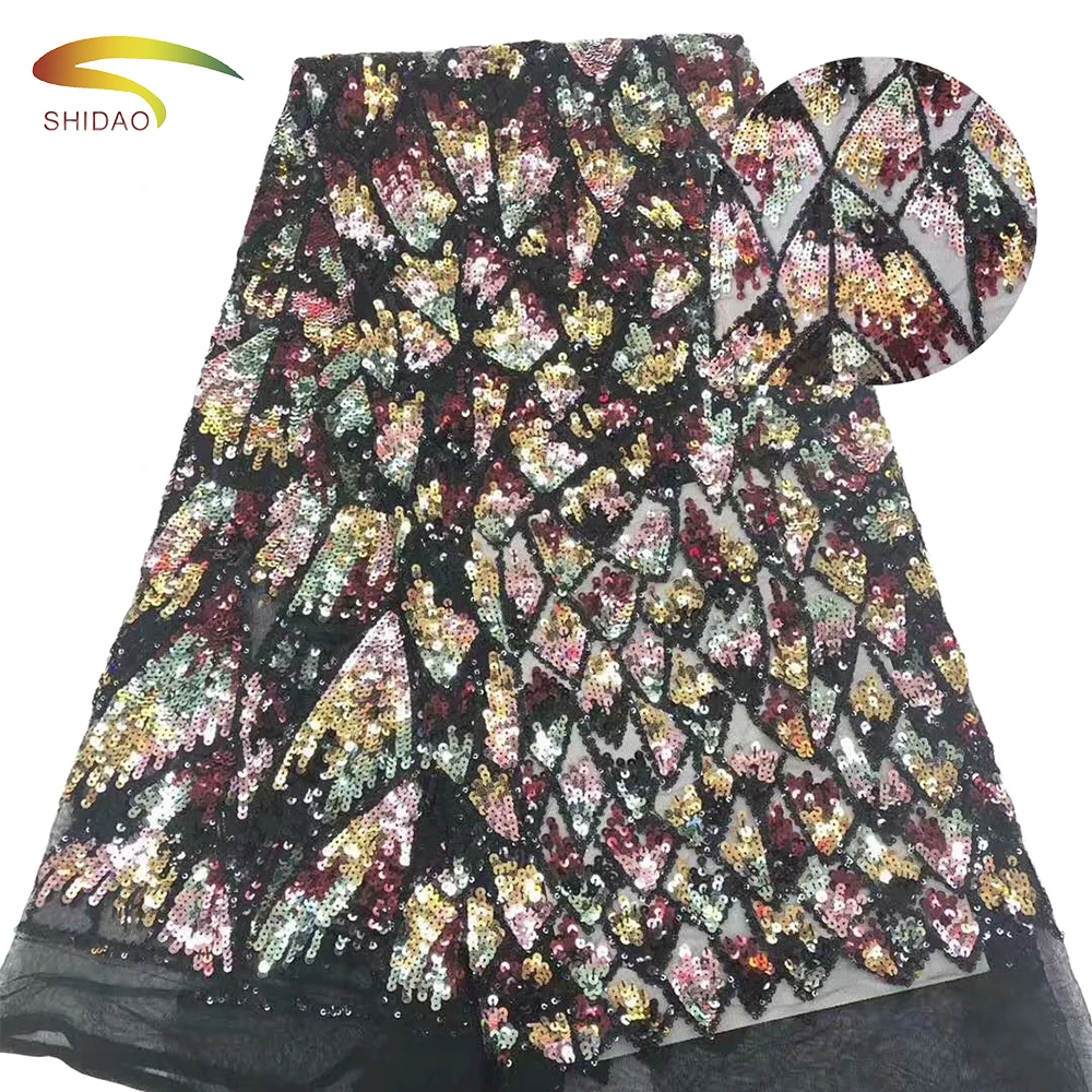 wholesale high quality polyester lace embroidery  fish scale colorfu sequins fabric