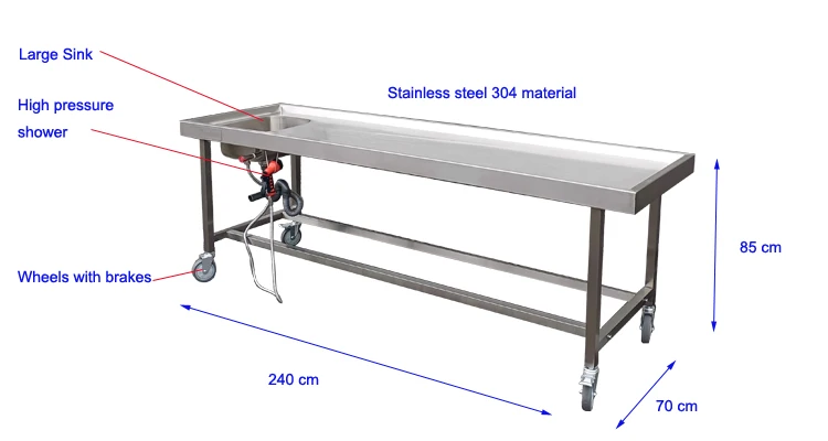 Medical equipment rustproof stainless corpse dissecting autopsy table