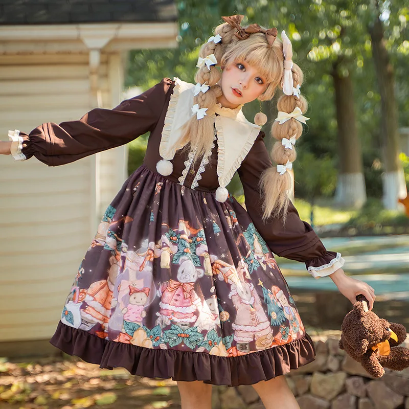 New Autumn and Winter New Original Design Cute Christmas Bear Printed Long Sleeved Sweet Op Lolita Dress for Girls