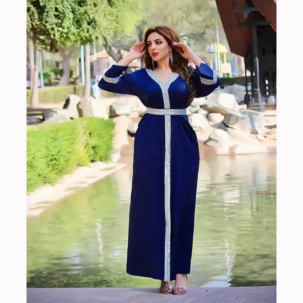 High Quality Satin Maxi Dress For Women Turkey Arabic Diamond V Neck Long Sleeve Jalabiya Muslim Islamic Ethnic Abaya evening