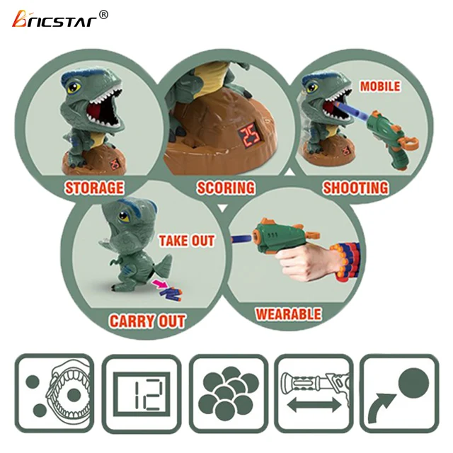 Bricstar high-quality and safe ABS material cartoon dinosaur shooting sound light foam ball guns toys