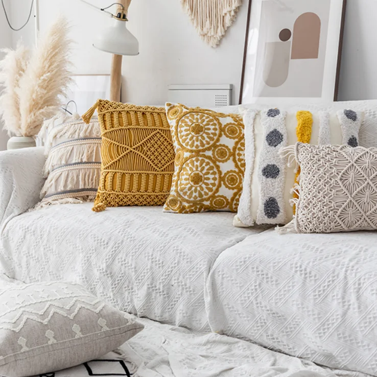 Monad Handmade Crochet High Quality Decor Knit Cotton Luxury Moroccan Style Throw Pillow Case Cushion Covers With Tassel