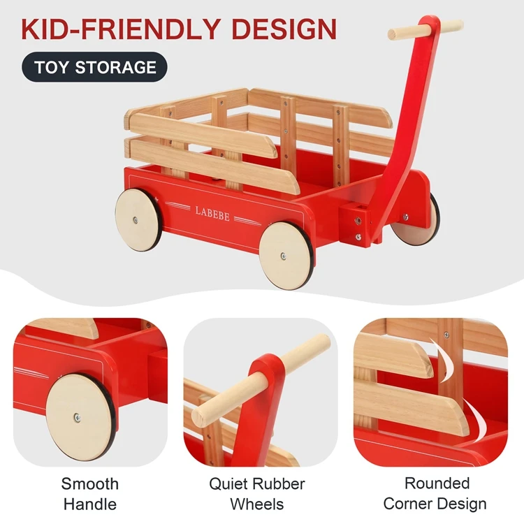 New Design 2 In 1 Red Toddler Kids Classic Walker Wagon Wooden Kids Custom Wonden Wagon Baby Stroller Wagon