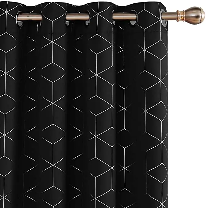 New Design Silver Diamond Foil Print Grommet Window Panels Thermal Insulated Blackout Curtains For Living  Room Bedroom