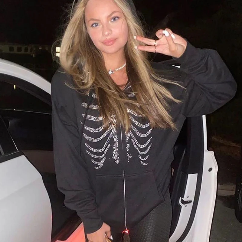 Custom 300 350 400 420 GSM Halloween Full Zip Up Rhinestone Skeleton Hoodie Women