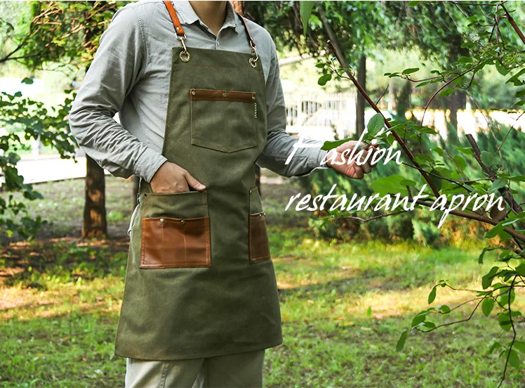 wholesale Fashion Restaurant Bar Shop Cafes Beauty Nails Workwear Canvas leather Chef Work kitchen Aprons For Woman Men