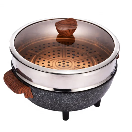 Электрический антипригарный горшок для приготовления пищи с круглой черной каменной деревянной ручкой, 32 см (62297597231)