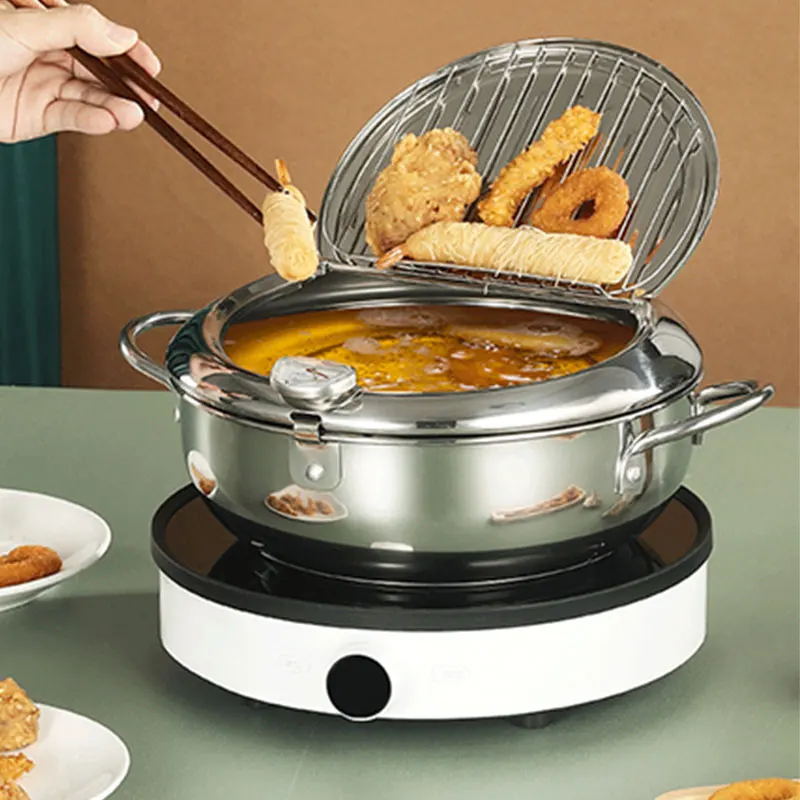 SS304 Tempura Fryer Deep Pot Thermometer Oil Strainer French Fries Pot Japanese Stainless Steel Fryer Pot