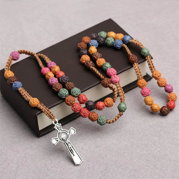 Rose Rosary Beads Islamic Muslim Jesus Christian Women Jewelry Decorations Gift Cross Pendant Plastic Prayer Beads Necklace