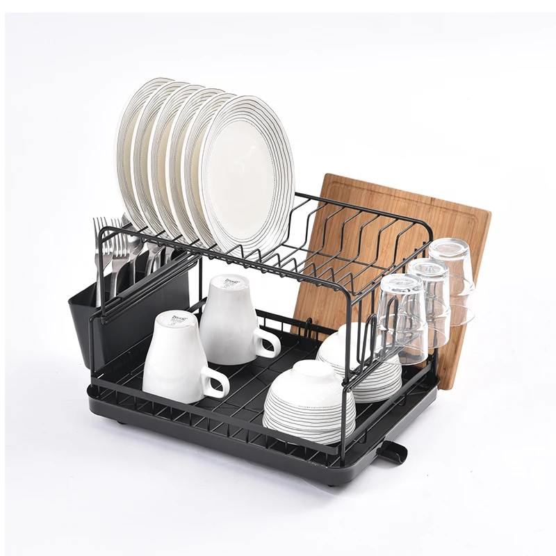 WIREKING 2 Layer Stackable Metal Dish Plates Rack Dish Drying Racks with Plastic Dish Drainer utensil holder