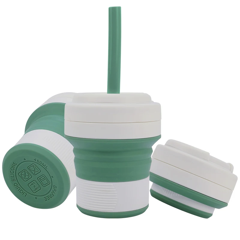 Custom 450ml 500ML Durable Silicone Collapsible Cup Silicon Folding Traveling Mug Reusable Travel Coffee Cup with Lid and Straw