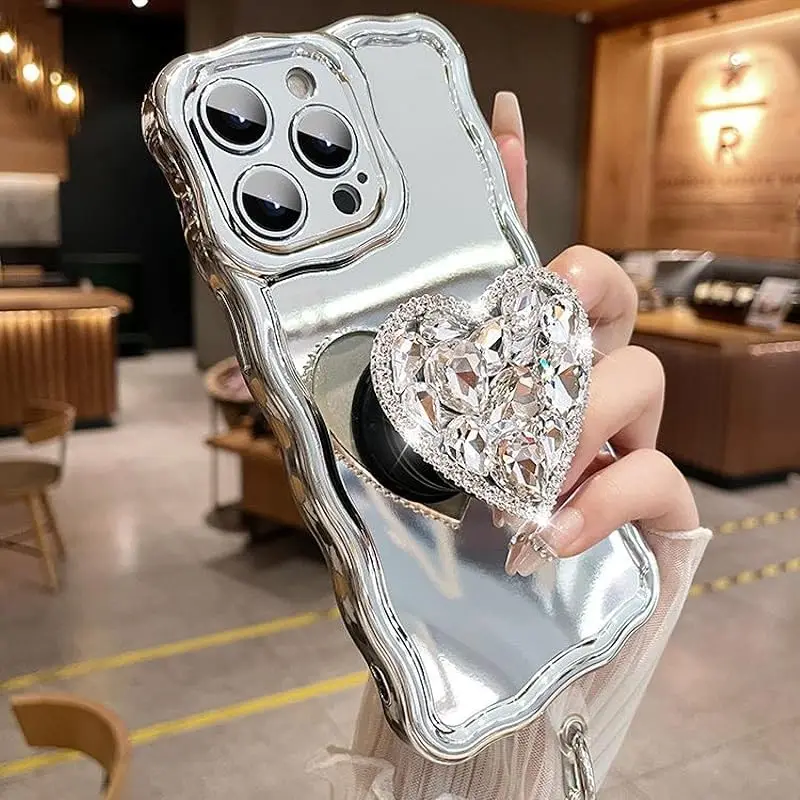 Mobile phone accessory manufacturer bulk sale plated fancy luxury charms mirror diamend mobile phone and covers for iphone15