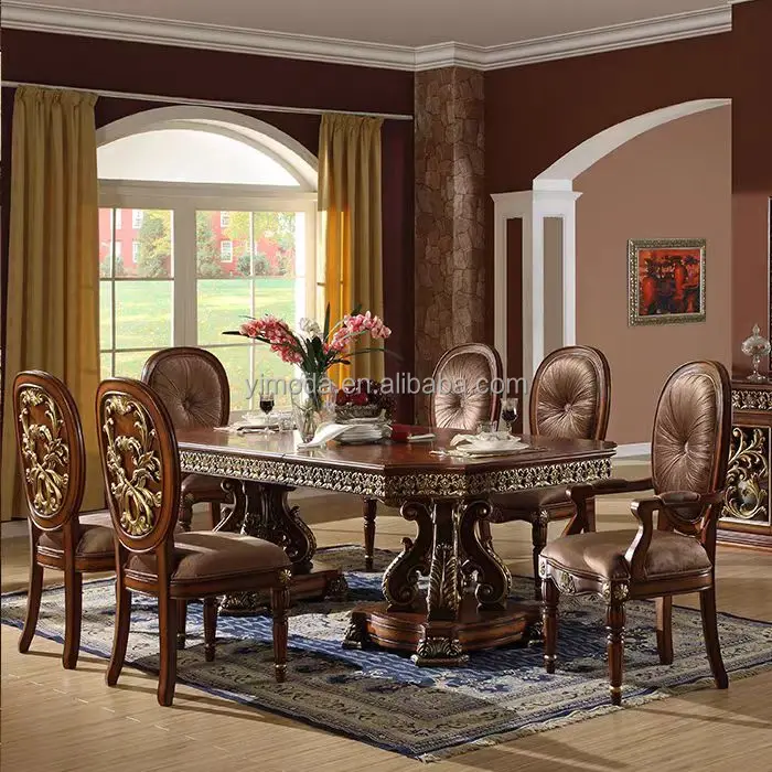 Antique European Style Rococo  Dining Table And 6 8 flower dining Chairs luxury Solid Wooden brown dining room Rectangular Table