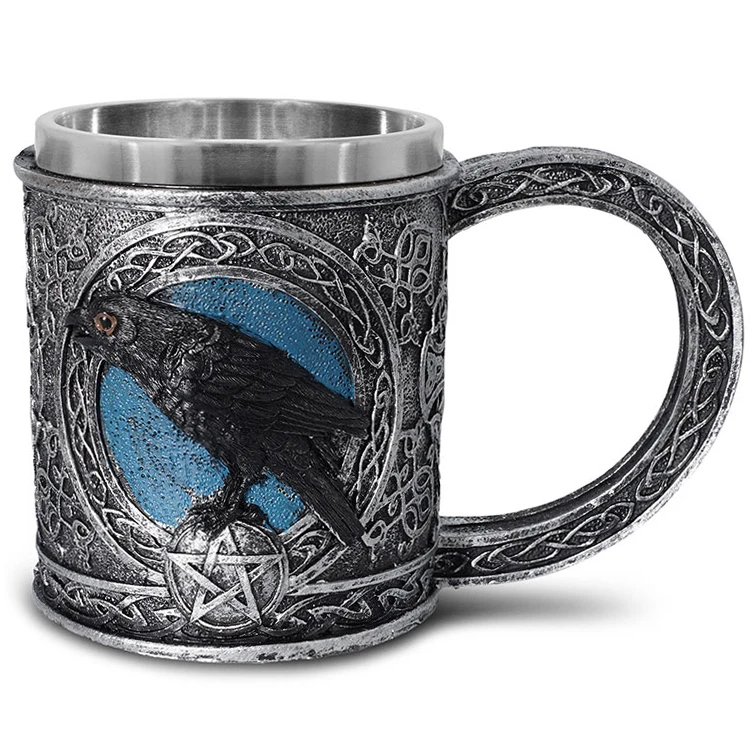 Personalised Coffee Die Krahe Mugs European Vintage Medieval Stainless Beer Cup Resin Double Wall Crow Mug