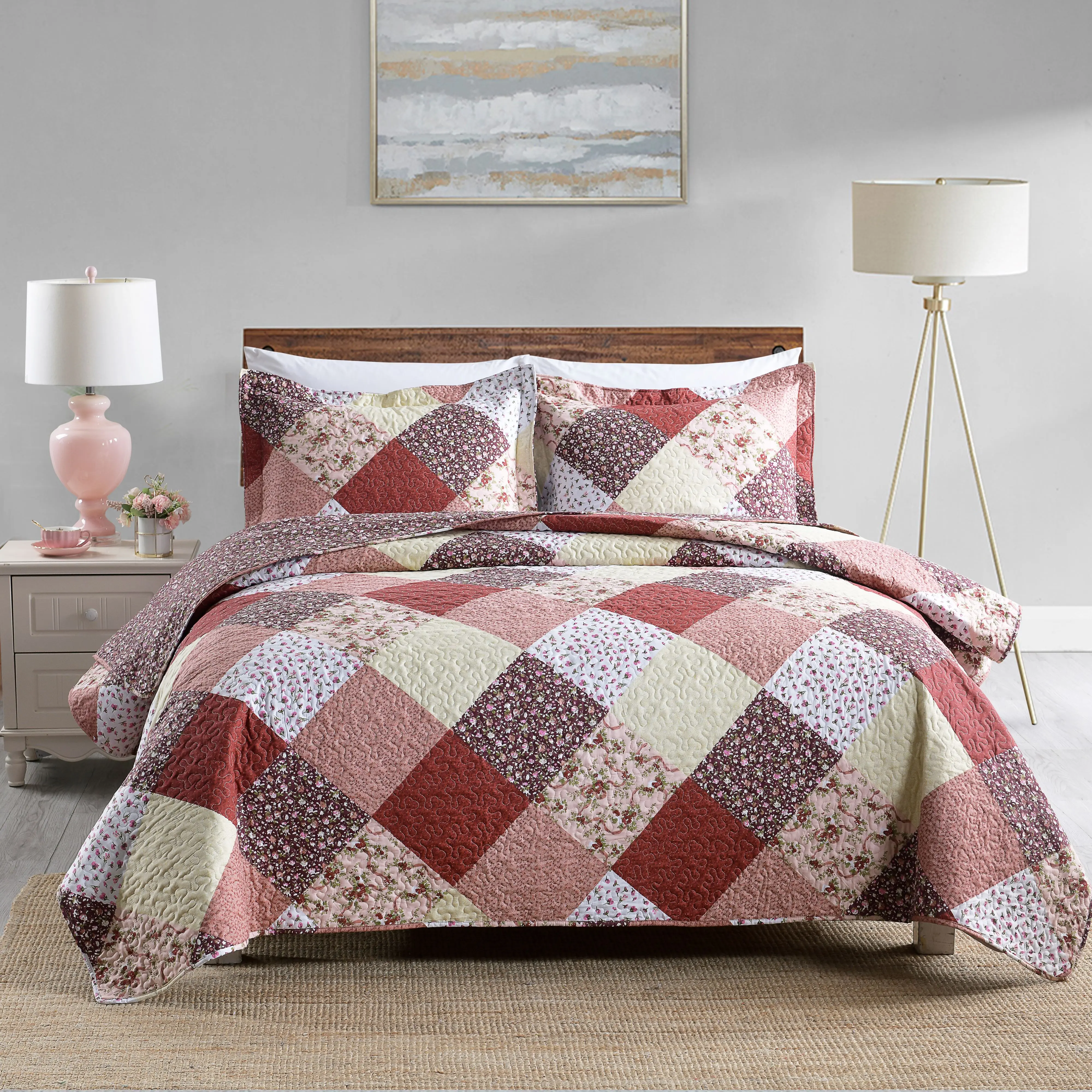Printed Style Leaves Pattern Flower Tiles Multicolored Polyester 3pcs Bedspread Set Bed Cover Queen King size Bedclothes