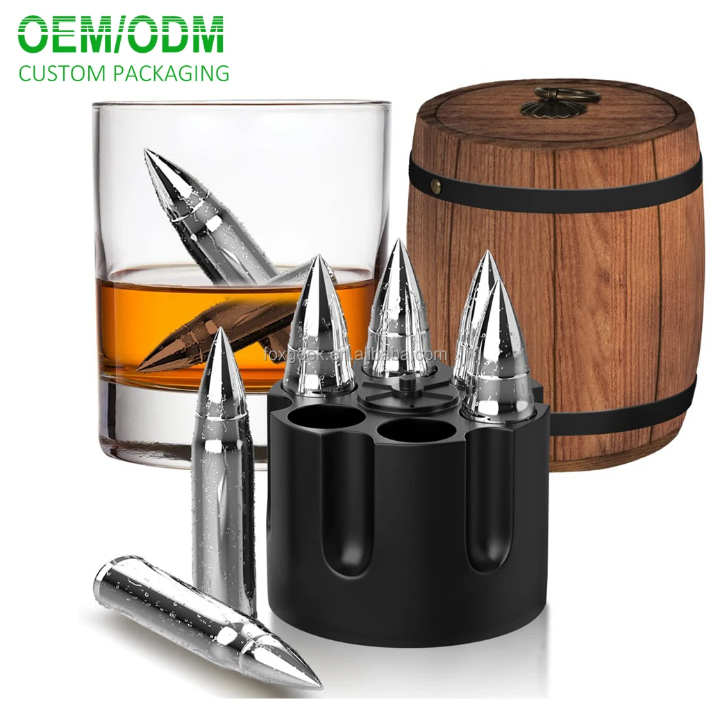 Whiskey Stones Bullet Set of 6 Ice Cubes in Whiskey Barrel  304 Stainless Steel Chilling Stone Laser Engraving Factory