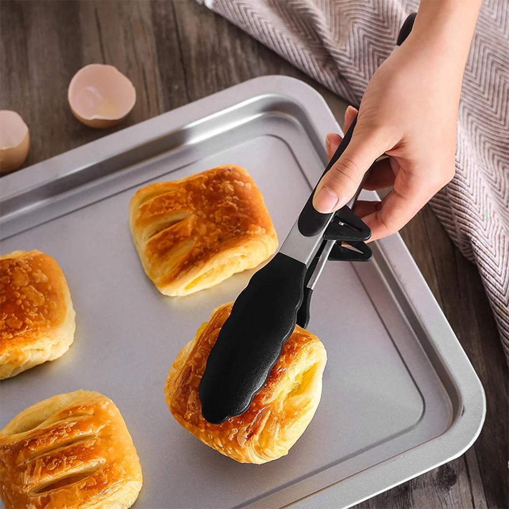 MANJIA 7, 9, 12 Inch Serving Tongs Cooking Food Tongs Stainless Steel Locking BBQ Kitchen Tongs With Silicone Tips