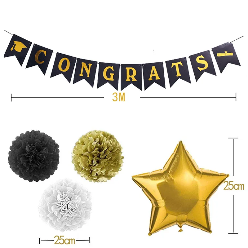 Hot sale graduation season balloon party set black gold fish tail pull flag paper flower ball tassel gold sequins