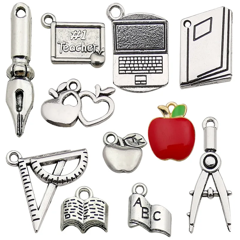 Vintage Multistyle Teacher Day Bookmarks Apple Rulers Books Compass Pendant Alloy Pendant For Diy Necklace Bracelet Accessories