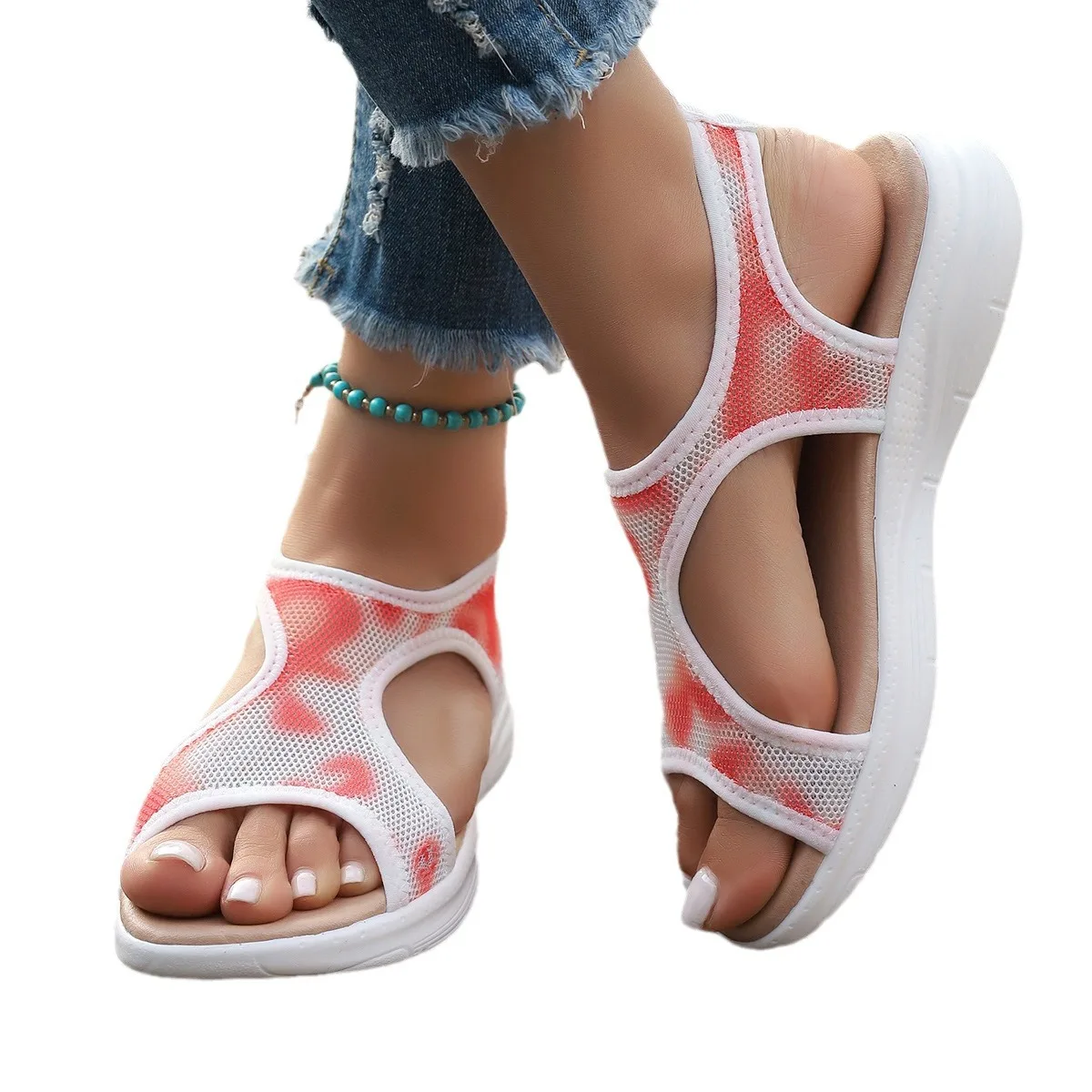 2024 New Mesh Pattern Elastic Belt with Fish Mouth Breathable Thick Sole Sandals Large Casual Sandals for Women